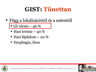 GIST:  Tünettan Függ a lokalizációtól és a mérettől GI  vérzés  – 40  % Hasi terime  – 40  % Hasi fájdalom  – 20  % Dysphagia, ileus 