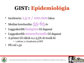 GIST :  Epidemiológia Incidencia:  1,5-2 / 100.000  lakos Median koreloszlás:  55-65  év  Leggyakoribb  benignus  GI daganat Leggyakoribb  mesenchymalis  GI daganat A  prim er  GI  rákok 0, 1 -3,5 % -át teszik ki 1.adeocc, 2. lymphoma 3.GIST Ffi>nő 1,5x 