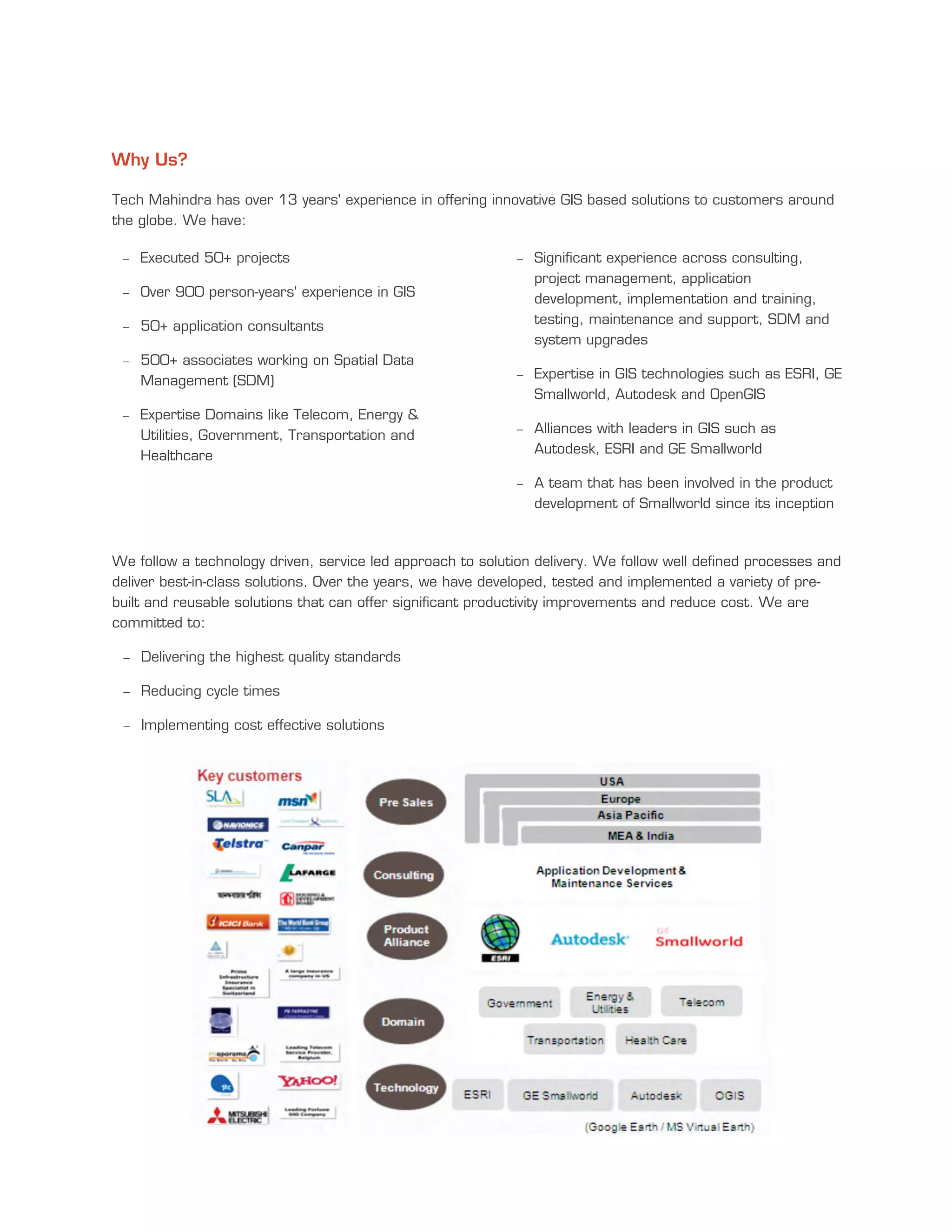 Why Us?
Tech Mahindra has over 13 years' experience in offering innovative GIS based solutions to customers around
the globe. We have:
We follow a technology driven, service led approach to solution delivery. We follow well defined processes and
deliver best-in-class solutions. Over the years, we have developed, tested and implemented a variety of pre-
built and reusable solutions that can offer significant productivity improvements and reduce cost. We are
committed to:
- Delivering the highest quality standards
- Reducing cycle times
- Implementing cost effective solutions
- Executed 50+ projects - Significant experience across consulting,
project management, application
- Over 900 person-years' experience in GIS development, implementation and training,
testing, maintenance and support, SDM and- 50+ application consultants
system upgrades
- 500+ associates working on Spatial Data
- Expertise in GIS technologies such as ESRI, GEManagement (SDM)
Smallworld, Autodesk and OpenGIS
- Expertise Domains like Telecom, Energy &
- Alliances with leaders in GIS such asUtilities, Government, Transportation and
Autodesk, ESRI and GE SmallworldHealthcare
- A team that has been involved in the product
development of Smallworld since its inception
 