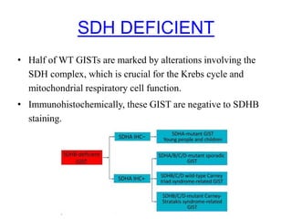 SDH DEFICIENT
• Half of WT GISTs are marked by alterations involving the
SDH complex, which is crucial for the Krebs cycle and
mitochondrial respiratory cell function.
• Immunohistochemically, these GIST are negative to SDHB
staining.
 