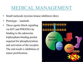 MEDICAL MANAGEMENT
• Small molecule tyrosine kinase inhibitors (tkis)
• Prototype : imatinib.
• These agents block signaling
via KIT and PDGFRA by
binding to the adenosine
triphosphate-binding pocket
required for phosphorylation
and activation of the receptor.
The end result is inhibition of
tumor proliferation.
 