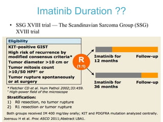 Imatinib Duration ??
• SSG XVIII trial — The Scandinavian Sarcoma Group (SSG)
XVIII trial
• compared 36 versus 12 months of adjuvant imatinib (400 mg
daily) in 400 patients with high-risk resected GIST [23]. High-
risk was defined according to the modified consensus criteria
[24] as having at least one of the following: tumor size >10
cm, mitotic count >10 per 50 high-power fields (HPF), tumor
size >5 cm with mitotic rate >5/HPF, or tumor rupture.
 