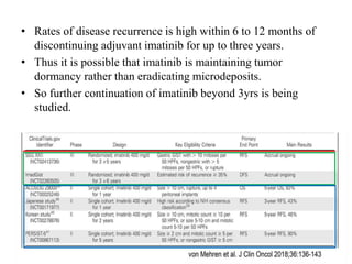 • Rates of disease recurrence is high within 6 to 12 months of
discontinuing adjuvant imatinib for up to three years.
• Thus it is possible that imatinib is maintaining tumor
dormancy rather than eradicating microdeposits.
• So further continuation of imatinib beyond 3yrs is being
studied.
 