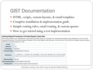 GIST Documentation HTML, scripts, custom layouts, & email templates Complete installation & implementation guide Sample routing rules, email routing, & custom queues How to get started using a test implementation Sample routing rule with copy & paste MatchString 