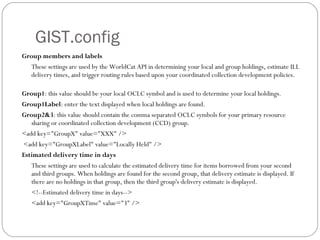 GIST.config Group members and labels These settings are used by the WorldCat API in determining your local and group holdings, estimate ILL delivery times, and trigger routing rules based upon your coordinated collection development policies.  Group1 : this value should be your local OCLC symbol and is used to determine your local holdings. Group1Label : enter the text displayed when local holdings are found.  Group2&3 : this value should contain the comma separated OCLC symbols for your primary resource sharing or coordinated collection development (CCD) group. <add key="GroupX" value="XXX" /> <add key="GroupXLabel" value="Locally Held" /> Estimated delivery time in days These settings are used to calculate the estimated delivery time for items borrowed from your second and third groups. When holdings are found for the second group, that delivery estimate is displayed. If there are no holdings in that group, then the third group's delivery estimate is displayed.  <!--Estimated delivery time in days-->  <add key="GroupXTime" value="3" />  