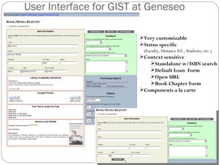 User Interface for GIST at Geneseo Very customizable Status specific   (Faculty, Distance Ed., Students, etc.) Context sensitive Standalone w/ISBN search Default Loan  Form Open URL Book Chapter Form Components a la carte 