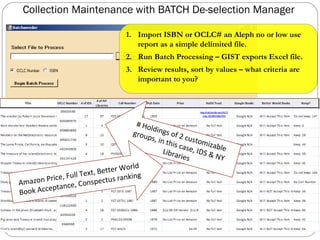 Collection Maintenance with BATCH De-selection Manager Import ISBN or OCLC# an Aleph no or low use report as a simple delimited file. Run Batch Processing – GIST exports Excel file. Review results, sort by values – what criteria are important to you? # Holdings of 2 customizable groups, in this case, IDS & NY Libraries Amazon Price, Full Text, Better World Book Acceptance, Conspectus ranking 