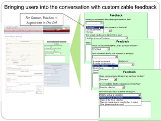 Bringing users into the conversation with customizable feedback For Geneseo, Purchase = Acquisitions in Doc Del 