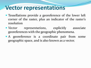 Vector representations
 Tessellations provide a georeference of the lower left
corner of the raster, plus an indicator of the raster’s
resolution
 Vector representations, explicitly associate
georeferences with the geographic phenomena.
 A georeference is a coordinate pair from some
geographic space, and is also known as a vector.
 