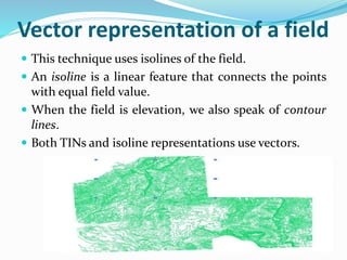 Vector representation of a field
 This technique uses isolines of the field.
 An isoline is a linear feature that connects the points
with equal field value.
 When the field is elevation, we also speak of contour
lines.
 Both TINs and isoline representations use vectors.
 