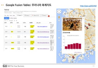 17
Google Fusion Tables: 우리나라 축제지도 http://goo.gl/Z2iXtZ
 
