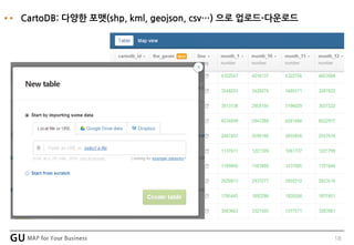 18
CartoDB: 다양한 포맷(shp, kml, geojson, csv…) 으로 업로드-다운로드
 