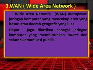 3.WAN ( Wide Area Network )
Wide Area Network (WAN) merupakan
jaringan komputer yang mencakup area yang
besar atau daerah geografis yang luas.
Dapat
juga diartikan sebagai jaringan
komputer yang membutuhkan router dan
saluran komunikasi publik.

 