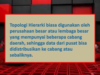 Topologi Hierarki biasa digunakan oleh
perusahaan besar atau lembaga besar
yang mempunyai beberapa cabang
daerah, sehingga data dari pusat bisa
didistribusikan ke cabang atau
sebaliknya.

 