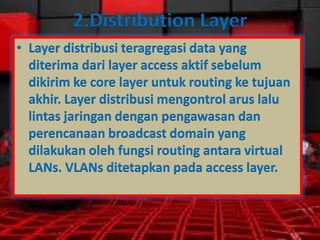 2.Distribution Layer
• Layer distribusi teragregasi data yang
diterima dari layer access aktif sebelum
dikirim ke core layer untuk routing ke tujuan
akhir. Layer distribusi mengontrol arus lalu
lintas jaringan dengan pengawasan dan
perencanaan broadcast domain yang
dilakukan oleh fungsi routing antara virtual
LANs. VLANs ditetapkan pada access layer.

 