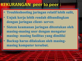 KEKURANGAN peer to peer :
• Troubleshooting jaringan relatif lebih sulit,
• Unjuk kerja lebih rendah dibandingkan
dengan jaringan client- server.
• Sistem keamanan jaringan ditentukan oleh
masing-masing user dengan mengatur
masing- masing fasilitas yang dimiliki
• Backup harus dilakukan oleh masingmasing komputer tersebut.

 