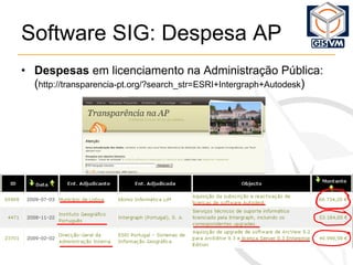 Software SIG: Despesa AP Despesas  em licenciamento na Administração Pública: ( http://transparencia-pt.org/?search_str=ESRI+Intergraph+Autodesk ) 