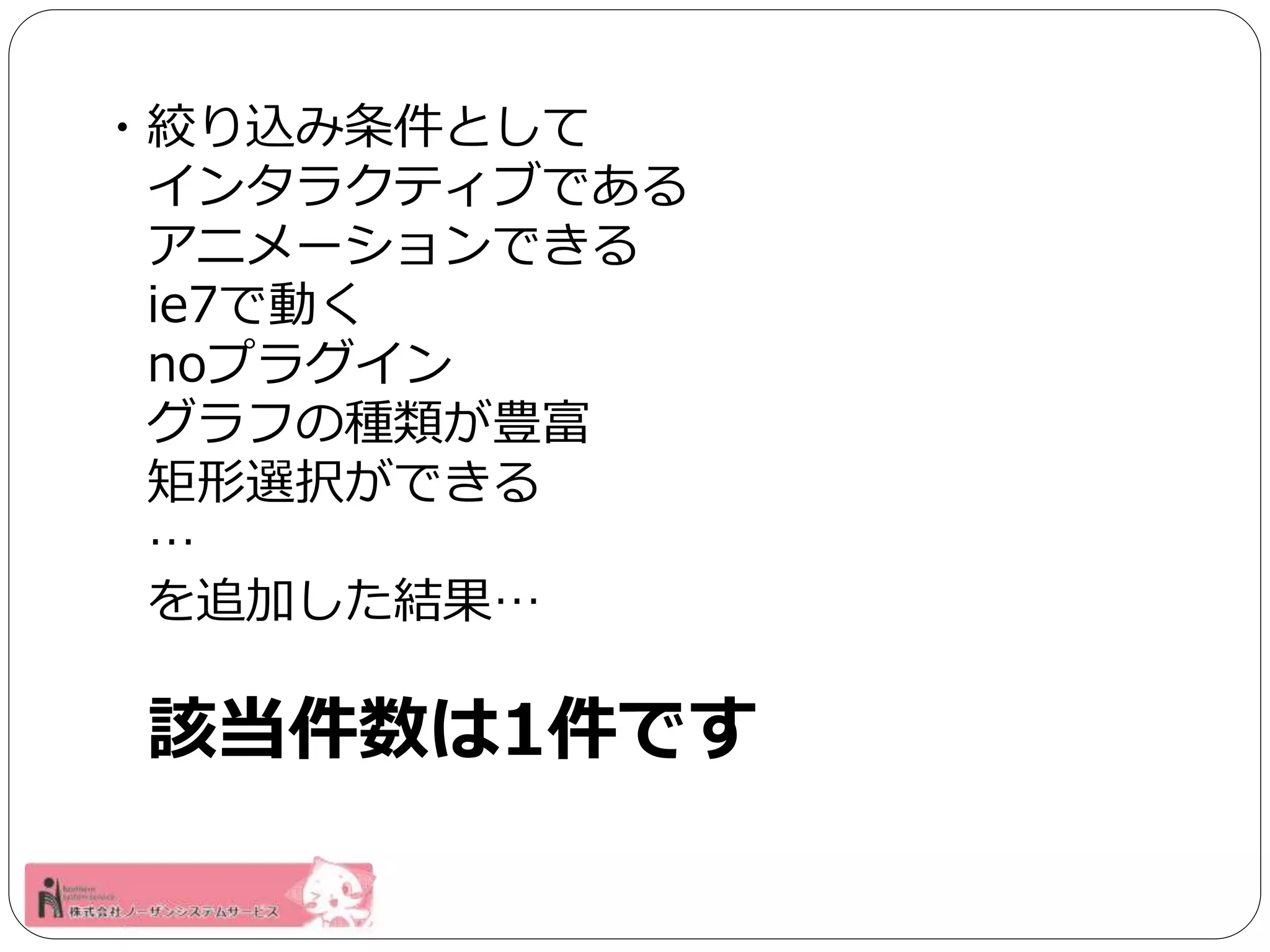 ・絞り込み条件として 
インタラクティブである 
アニメーションできる 
ie7で動く 
noプラグイン 
グラフの種類が豊富 
矩形選択ができる 
… 
を追加した結果… 
該当件数は1件です 
 