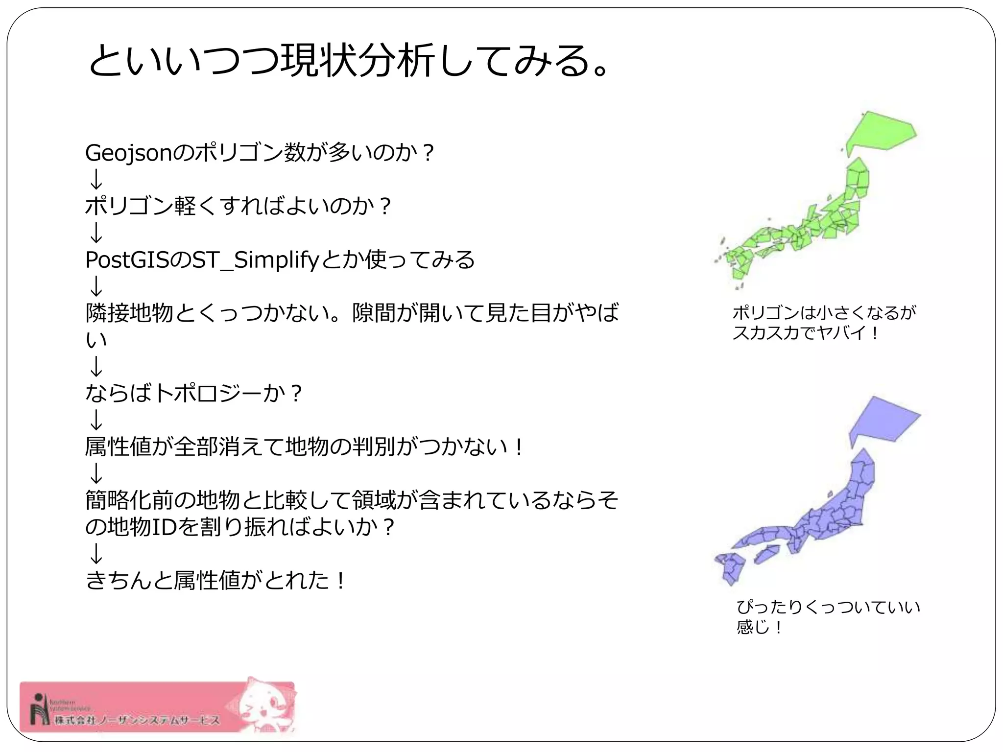 といいつつ現状分析してみる。 
Geojsonのポリゴン数が多いのか？ 
↓ 
ポリゴン軽くすればよいのか？ 
↓ 
PostGISのST_Simplifyとか使ってみる 
↓ 
隣接地物とくっつかない。隙間が開いて見た目がやば 
い 
↓ 
ならばトポロジーか？ 
↓ 
属性値が全部消えて地物の判別がつかない！ 
↓ 
簡略化前の地物と比較して領域が含まれているならそ 
の地物IDを割り振ればよいか？ 
↓ 
きちんと属性値がとれた！ 
ポリゴンは小さくなるが 
スカスカでヤバイ！ 
ぴったりくっついていい 
感じ！ 
 