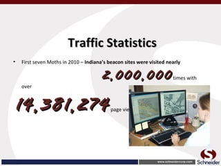 Traffic StatisticsTraffic Statistics
• First seven Moths in 2010 – Indiana’s beacon sites were visited nearly
2,000,0002,000,000times with
over
14,381,27414,381,274 page views.
 