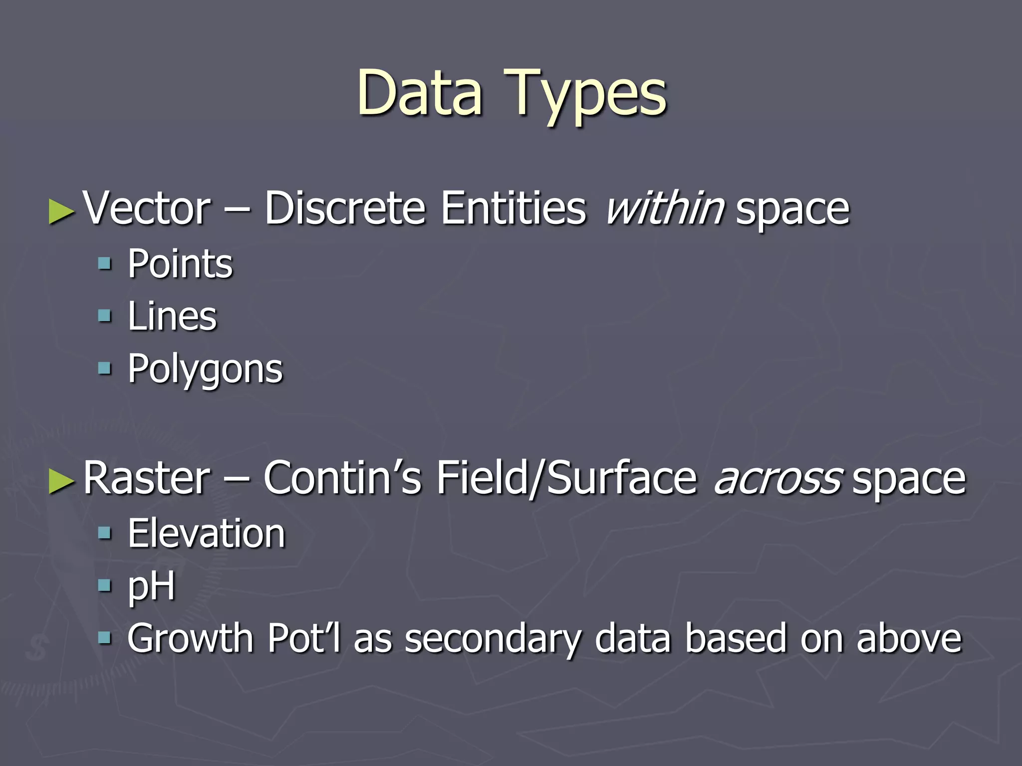 Data Types
►Vector – Discrete Entities within space
 Points
 Lines
 Polygons
►Raster – Contin’s Field/Surface across space
 Elevation
 pH
 Growth Pot’l as secondary data based on above
 