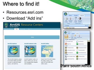 Where to find it!
• Resources.esri.com
• Download “Add ins”
 
