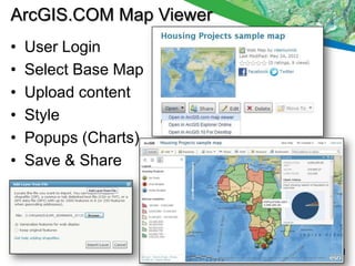 ArcGIS.COM Map Viewer
•   User Login
•   Select Base Map
•   Upload content
•   Style
•   Popups (Charts)
•   Save & Share
 