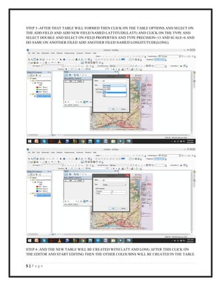 5 | P a g e
STEP 3 -AFTER THAT TABLE WILL FORMED THEN CLICK ON THE TABLE OPTIONS AND SELECT ON
THE ADD FIELD AND ADD NEW FIELD NAMED LATTITUDE(LATT) AND CLICK ON THE TYPE AND
SELECT DOUBLE AND SELECT ON FIELD PROPERTIES AND TYPE PRECISION=13 AND SCALE=6 AND
DO SAME ON ANOTHER FILED ADD ANOTHER FILED NAMED LONGITUTUDE(LONG)
STEP 4 -AND THE NEW TABLE WILL BE CREATED WITH LATT AND LONG AFTER THIS CLICK ON
THE EDITOR AND START EDITING THEN THE OTHER COLOUMNS WILL BE CREATED IN THE TABLE
 