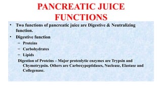 PANCREATIC JUICE
FUNCTIONS
• Two functions of pancreatic juice are Digestive & Neutralizing
function.
• Digestive function
– Proteins
– Carbohydrates
– Lipids
Digestion of Proteins – Major proteolytic enzymes are Trypsin and
Chymotrypsin. Others are Carboxypeptidases, Nuclease, Elastase and
Collegenase.
 