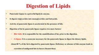 Digestion of Lipids
• Pancreatic Lipase is a powerful lipolytic enzyme.
• It digests triglycerides into monoglycerides and fattyacids.
• Activity of pancreatic lipase is accelerated in the presence of bile.
• Digestion of fat by pancreatic lipase requires two more factors/
– Bile Salts: It is responsible for the emulsification of fat, prior to the digestion.
– Colipase: It is a coenzyme necessary for the pancreatic lipase to digest the dietary lipids.
About 80 % of the fat is digested by pancreatic lipase. Deficiency or absence of this enzyme leads to
excretion of undigested fats in faeces (Steatorrhea)
 