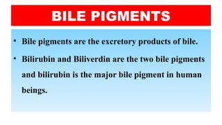 BILE PIGMENTS
• Bile pigments are the excretory products of bile.
• Bilirubin and Biliverdin are the two bile pigments
and bilirubin is the major bile pigment in human
beings.
 