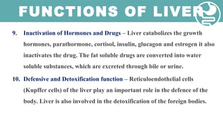 FUNCTIONS OF LIVER
9. Inactivation of Hormones and Drugs – Liver catabolizes the growth
hormones, parathormone, cortisol, insulin, glucagon and estrogen it also
inactivates the drug. The fat soluble drugs are converted into water
soluble substances, which are excreted through bile or urine.
10. Defensive and Detoxification function – Reticuloendothelial cells
(Kupffer cells) of the liver play an important role in the defence of the
body. Liver is also involved in the detoxification of the foreign bodies.
 