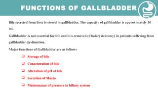 FUNCTIONS OF GALLBLADDER
Bile secreted from liver is stored in gallbladder. The capacity of gallbladder is approximately 50
ml.
Gallbladder is not essential for life and it is removed (Cholecystectomy) in patients suffering from
gallbladder dysfunction.
Major functions of Gallbladder are as follows
 Storage of bile
 Concentration of bile
 Alteration of pH of bile
 Secretion of Mucin
 Maintenance of pressure in biliary system
 