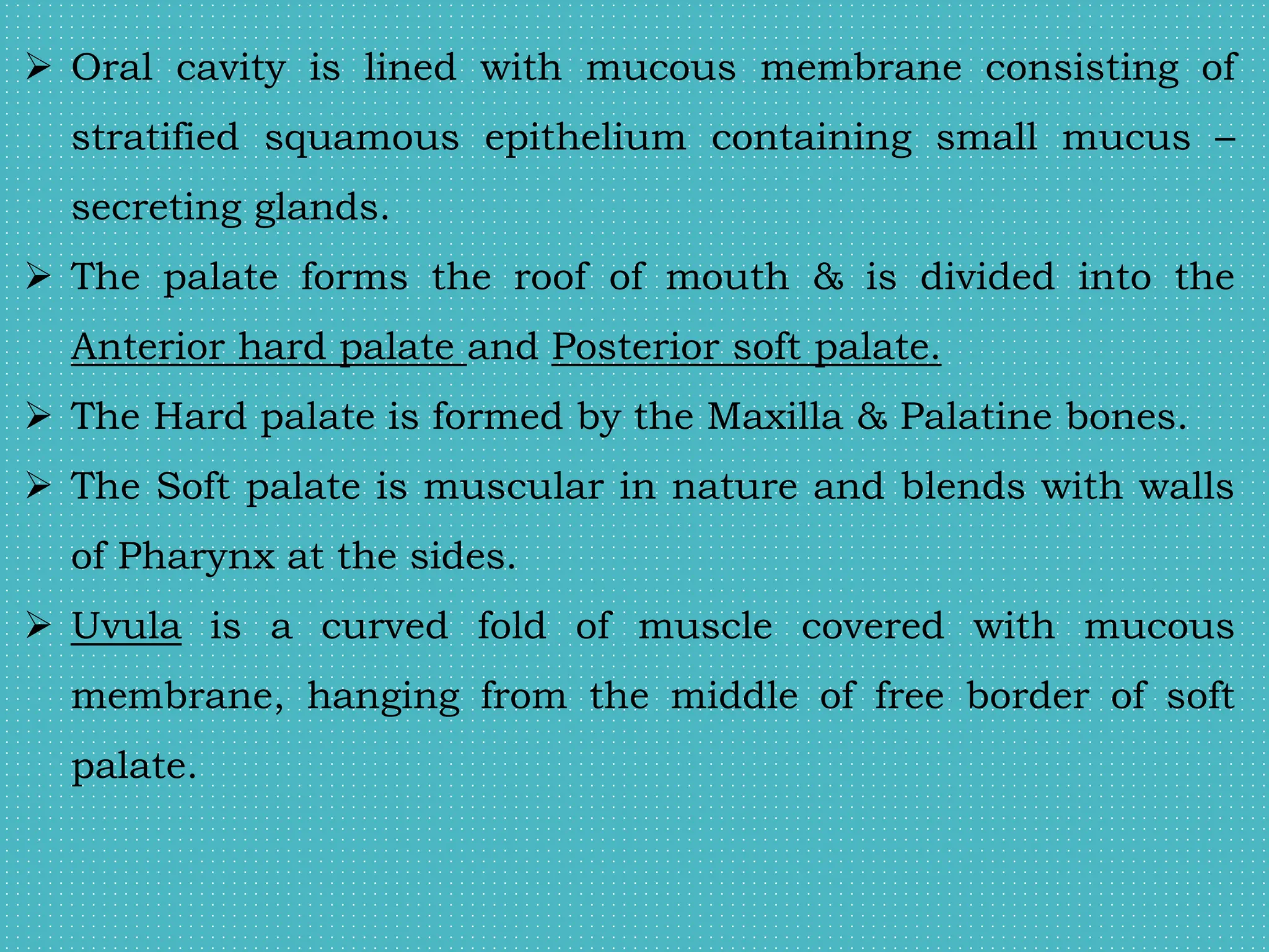  Oral cavity is lined with mucous membrane consisting of
stratified squamous epithelium containing small mucus –
secreting glands.
 The palate forms the roof of mouth & is divided into the
Anterior hard palate and Posterior soft palate.
 The Hard palate is formed by the Maxilla & Palatine bones.
 The Soft palate is muscular in nature and blends with walls
of Pharynx at the sides.
 Uvula is a curved fold of muscle covered with mucous
membrane, hanging from the middle of free border of soft
palate.
 