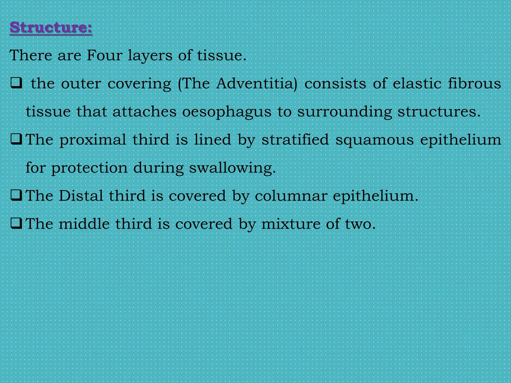 Structure:
There are Four layers of tissue.
 the outer covering (The Adventitia) consists of elastic fibrous
tissue that attaches oesophagus to surrounding structures.
The proximal third is lined by stratified squamous epithelium
for protection during swallowing.
The Distal third is covered by columnar epithelium.
The middle third is covered by mixture of two.
 