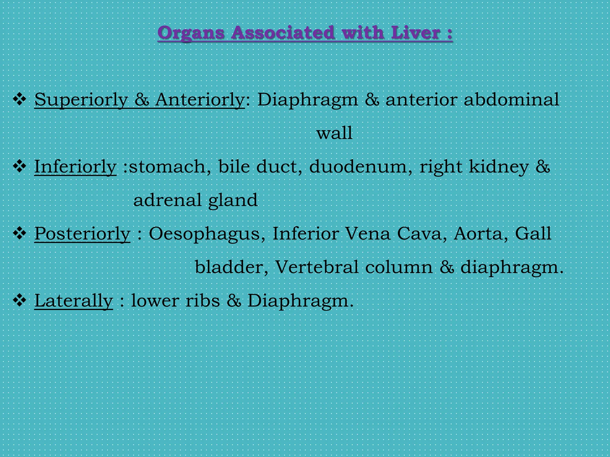 Organs Associated with Liver :
 Superiorly & Anteriorly: Diaphragm & anterior abdominal
wall
 Inferiorly :stomach, bile duct, duodenum, right kidney &
adrenal gland
 Posteriorly : Oesophagus, Inferior Vena Cava, Aorta, Gall
bladder, Vertebral column & diaphragm.
 Laterally : lower ribs & Diaphragm.
 