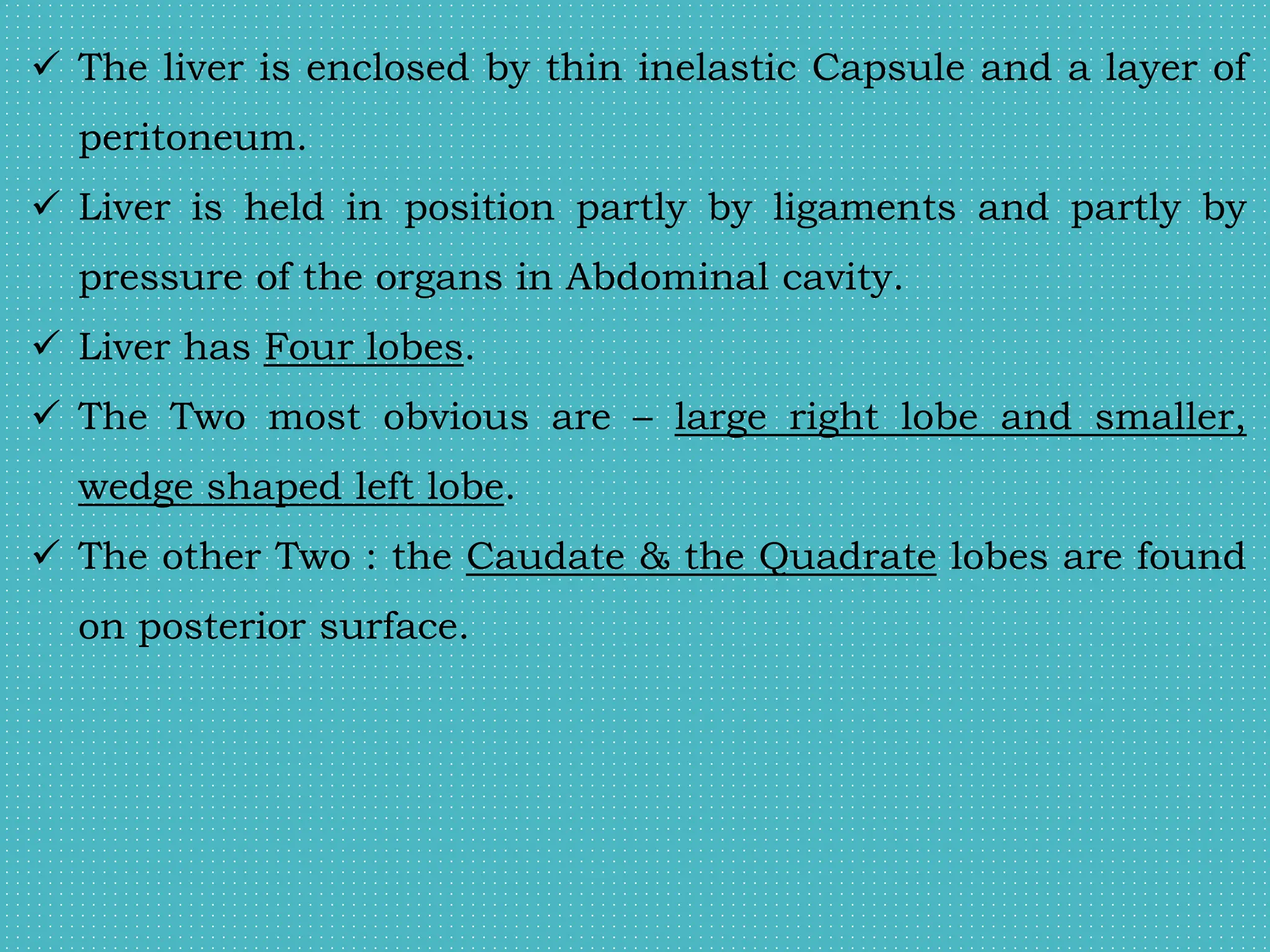  The liver is enclosed by thin inelastic Capsule and a layer of
peritoneum.
 Liver is held in position partly by ligaments and partly by
pressure of the organs in Abdominal cavity.
 Liver has Four lobes.
 The Two most obvious are – large right lobe and smaller,
wedge shaped left lobe.
 The other Two : the Caudate & the Quadrate lobes are found
on posterior surface.
 