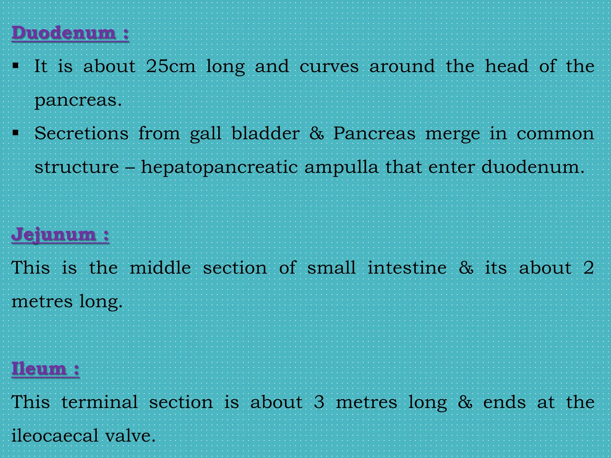 Duodenum :
 It is about 25cm long and curves around the head of the
pancreas.
 Secretions from gall bladder & Pancreas merge in common
structure – hepatopancreatic ampulla that enter duodenum.
Jejunum :
This is the middle section of small intestine & its about 2
metres long.
Ileum :
This terminal section is about 3 metres long & ends at the
ileocaecal valve.
 