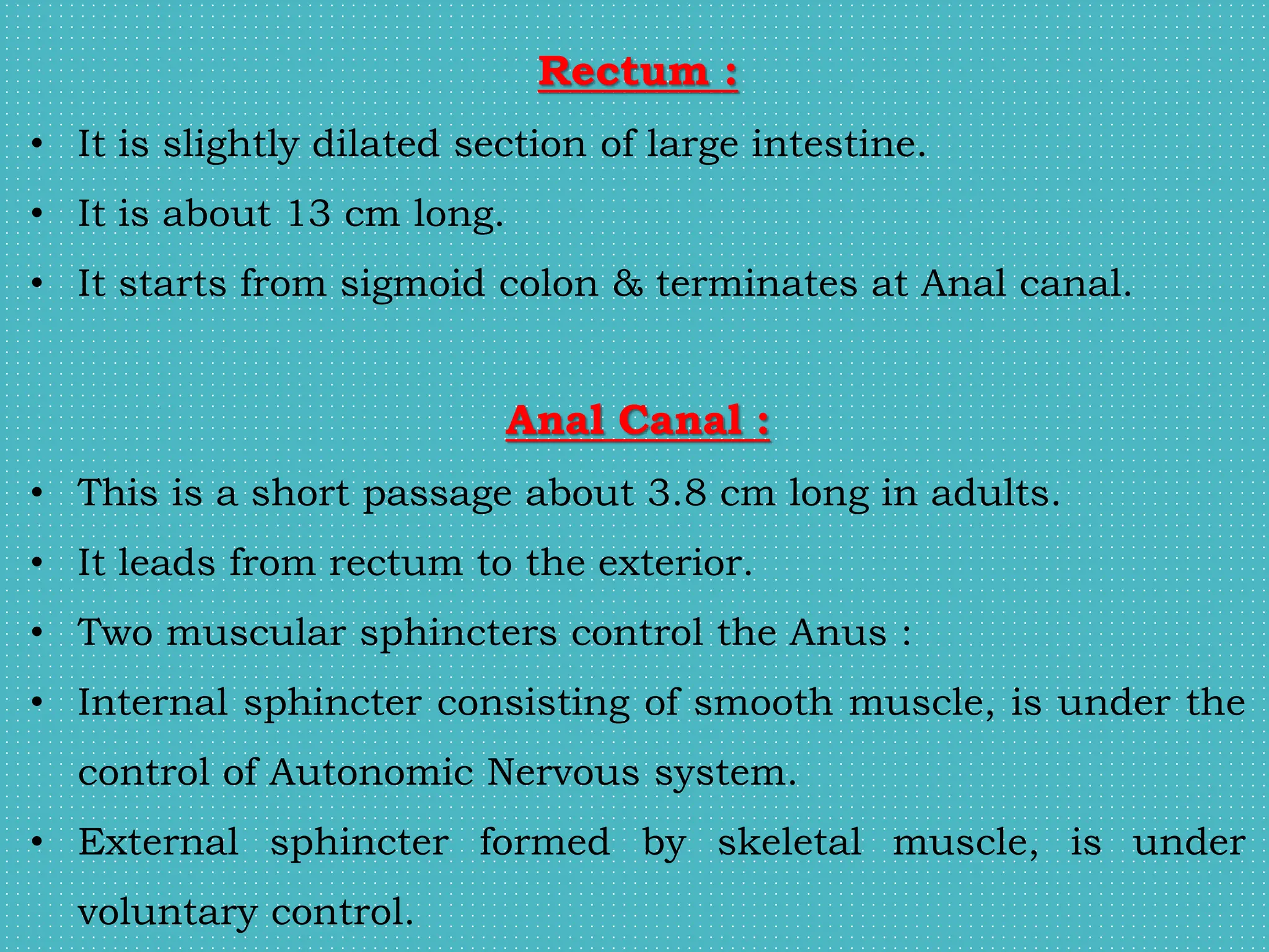 Rectum :
• It is slightly dilated section of large intestine.
• It is about 13 cm long.
• It starts from sigmoid colon & terminates at Anal canal.
Anal Canal :
• This is a short passage about 3.8 cm long in adults.
• It leads from rectum to the exterior.
• Two muscular sphincters control the Anus :
• Internal sphincter consisting of smooth muscle, is under the
control of Autonomic Nervous system.
• External sphincter formed by skeletal muscle, is under
voluntary control.
 