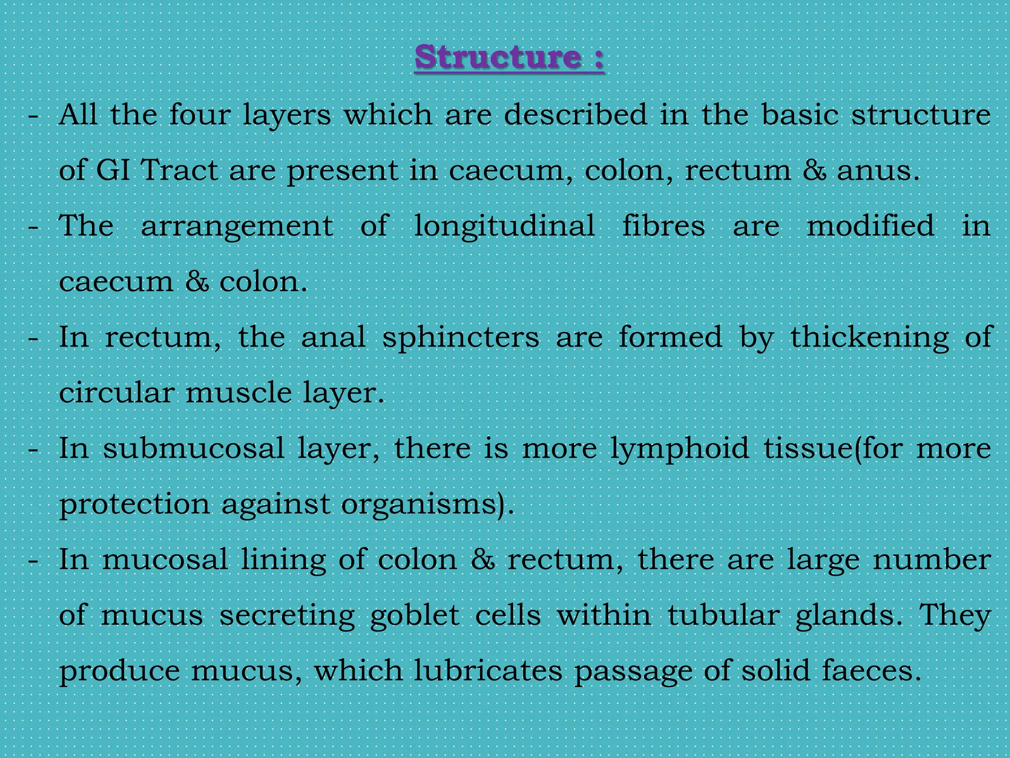 Structure :
- All the four layers which are described in the basic structure
of GI Tract are present in caecum, colon, rectum & anus.
- The arrangement of longitudinal fibres are modified in
caecum & colon.
- In rectum, the anal sphincters are formed by thickening of
circular muscle layer.
- In submucosal layer, there is more lymphoid tissue(for more
protection against organisms).
- In mucosal lining of colon & rectum, there are large number
of mucus secreting goblet cells within tubular glands. They
produce mucus, which lubricates passage of solid faeces.
 