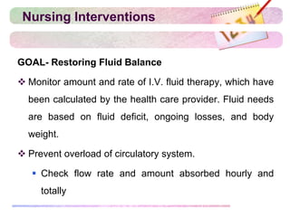 Nursing Interventions
GOAL- Restoring Fluid Balance
 Monitor amount and rate of I.V. fluid therapy, which have
been calculated by the health care provider. Fluid needs
are based on fluid deficit, ongoing losses, and body
weight.
 Prevent overload of circulatory system.
 Check flow rate and amount absorbed hourly and
totally
 