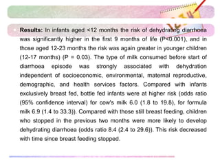  Results: In infants aged <12 months the risk of dehydrating diarrhoea
was significantly higher in the first 9 months of life (P<0.001), and in
those aged 12-23 months the risk was again greater in younger children
(12-17 months) (P = 0.03). The type of milk consumed before start of
diarrhoea episode was strongly associated with dehydration
independent of socioeconomic, environmental, maternal reproductive,
demographic, and health services factors. Compared with infants
exclusively breast fed, bottle fed infants were at higher risk (odds ratio
(95% confidence interval) for cow's milk 6.0 (1.8 to 19.8), for formula
milk 6.9 (1.4 to 33.3)). Compared with those still breast feeding, children
who stopped in the previous two months were more likely to develop
dehydrating diarrhoea (odds ratio 8.4 (2.4 to 29.6)). This risk decreased
with time since breast feeding stopped.
 