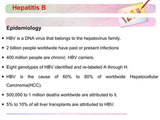 Hepatitis B
 Epidemiology
 HBV is a DNA virus that belongs to the hepatovirus family.
 2 billion people worldwide have past or present infections
 400 million people are chronic HBV carriers.
 Eight genotypes of HBV identified and re-labeled A through H.
 HBV is the cause of 60% to 80% of worldwide Hepatocellular
Carcinoma(HCC).
 500,000 to 1 million deaths worldwide are attributed to it.
 5% to 10% of all liver transplants are attributed to HBV.
 