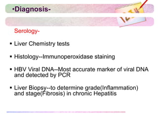 •Diagnosis-
 Serology-
 Liver Chemistry tests
 Histology--Immunoperoxidase staining
 HBV Viral DNA--Most accurate marker of viral DNA
and detected by PCR
 Liver Biopsy--to determine grade(Inflammation)
and stage(Fibrosis) in chronic Hepatitis
 