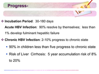 Progress-
 Incubation Period: 30-180 days
Acute HBV Infection: 90% resolve by themselves; less than
1% develop fulminant hepatitic failure
 Chronic HBV Infection: 2-10% progress to chronic state
 90% in children less than five progress to chronic state
 Risk of Liver Cirrhosis: 5 year accumulation risk of 8%
to 20%
 