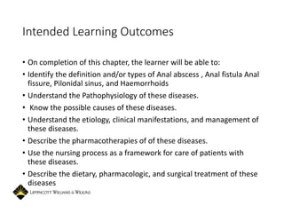 Intended Learning Outcomes
• On completion of this chapter, the learner will be able to:
• Identify the definition and/or types of Anal abscess , Anal fistula Anal
fissure, Pilonidal sinus, and Haemorrhoids
• Understand the Pathophysiology of these diseases.
• Know the possible causes of these diseases.
• Understand the etiology, clinical manifestations, and management of
these diseases.
• Describe the pharmacotherapies of of these diseases.
• Use the nursing process as a framework for care of patients with
these diseases.
• Describe the dietary, pharmacologic, and surgical treatment of these
diseases
 
