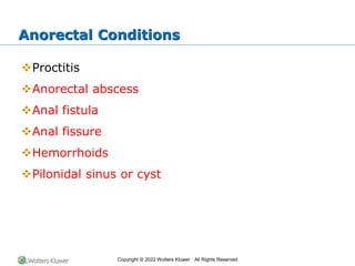 Copyright © 2022 Wolters Kluwer · All Rights Reserved
Anorectal Conditions
❖Proctitis
❖Anorectal abscess
❖Anal fistula
❖Anal fissure
❖Hemorrhoids
❖Pilonidal sinus or cyst
 