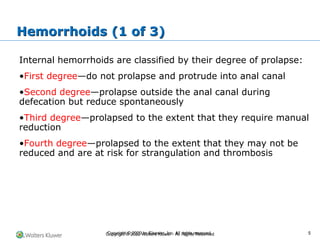 Copyright © 2022 Wolters Kluwer · All Rights Reserved
Internal hemorrhoids are classified by their degree of prolapse:
•First degree—do not prolapse and protrude into anal canal
•Second degree—prolapse outside the anal canal during
defecation but reduce spontaneously
•Third degree—prolapsed to the extent that they require manual
reduction
•Fourth degree—prolapsed to the extent that they may not be
reduced and are at risk for strangulation and thrombosis
Hemorrhoids (1 of 3)
Copyright © 2020 by Elsevier, Inc. All rights reserved. 5
 