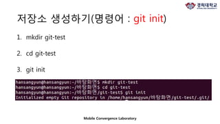 Mobile Convergence Laboratory
저장소 생성하기(명령어 : git init)
1. mkdir git-test
2. cd git-test
3. git init
 