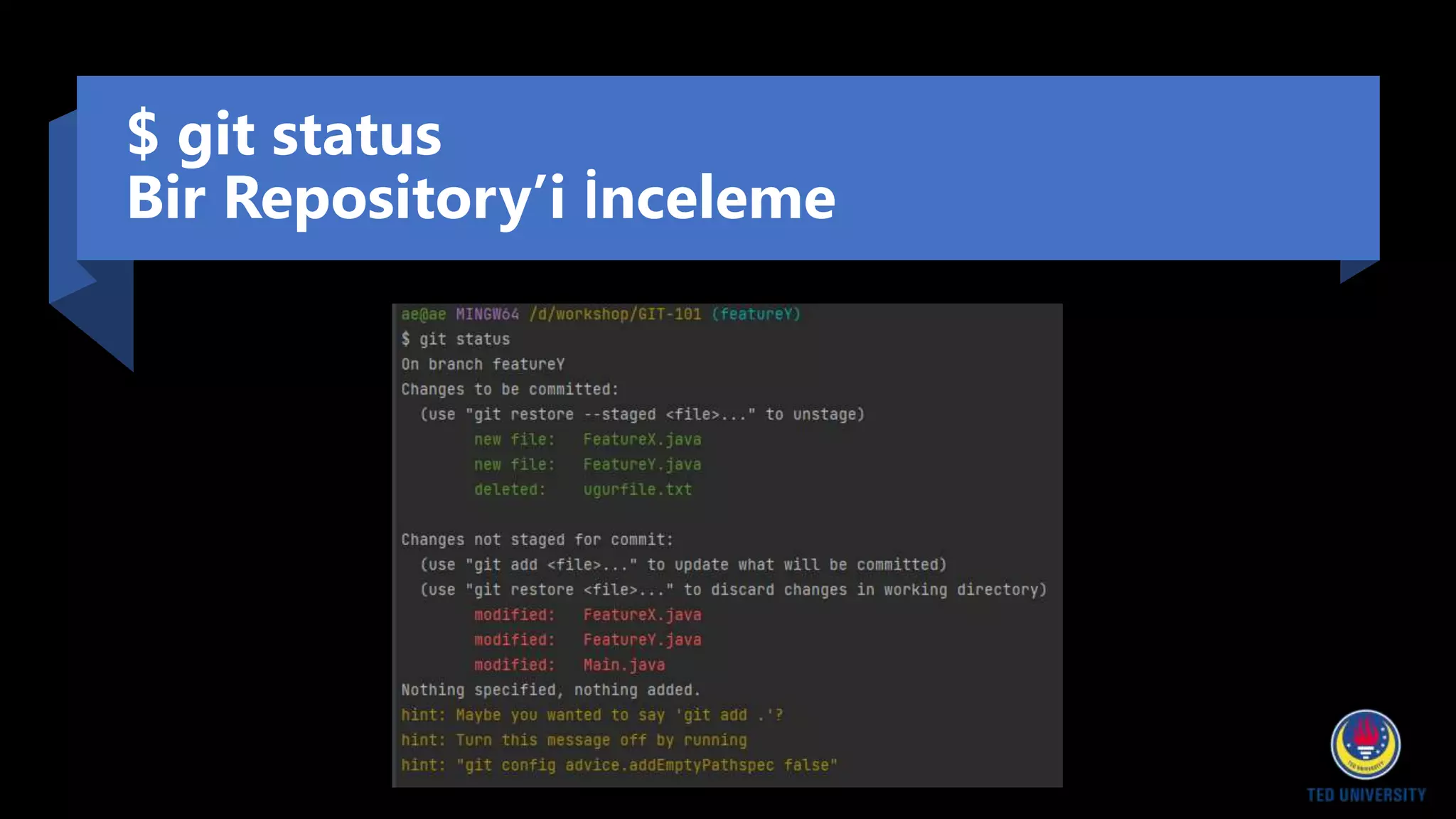 $ git status
Bir Repository’i İnceleme
 